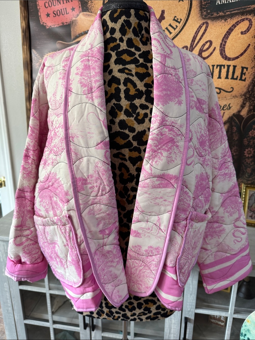 Max & Enjoy Paris Pink Toile Quilted Shawl Collar Jacket  Sz Lg